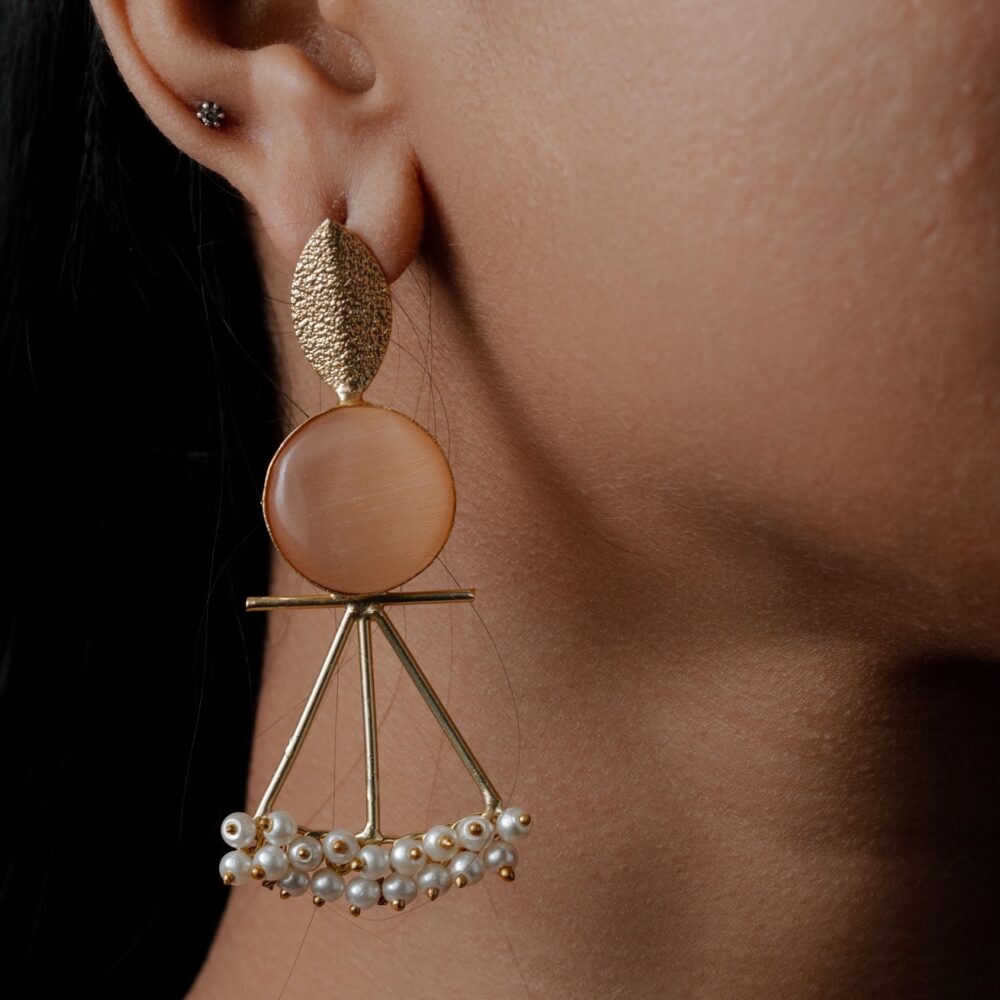 Geometric Drop Earrings with Pearls -Modern Design