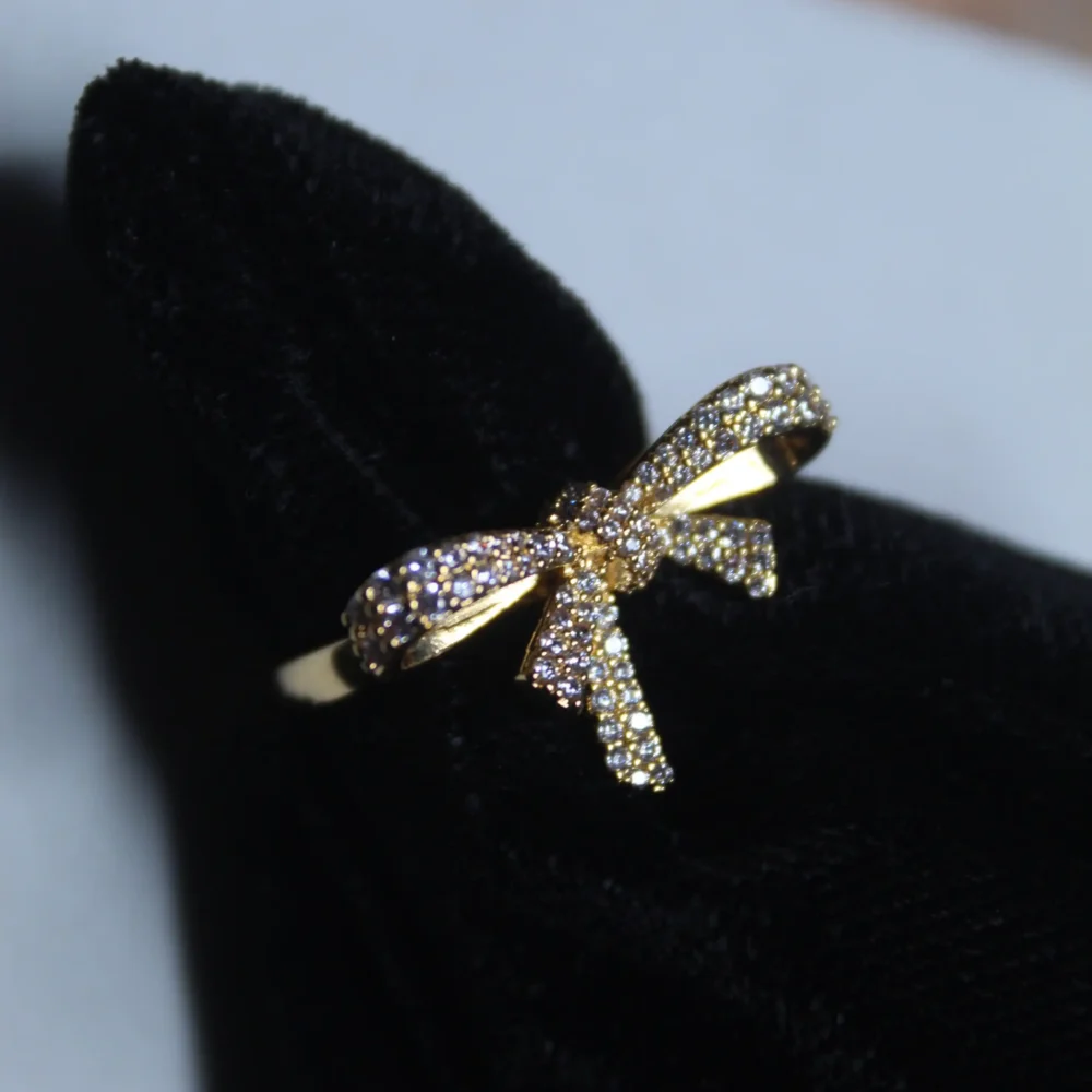 Adjustable Gold Bow Ring – Dainty Pavé Ribbon Finger Ring