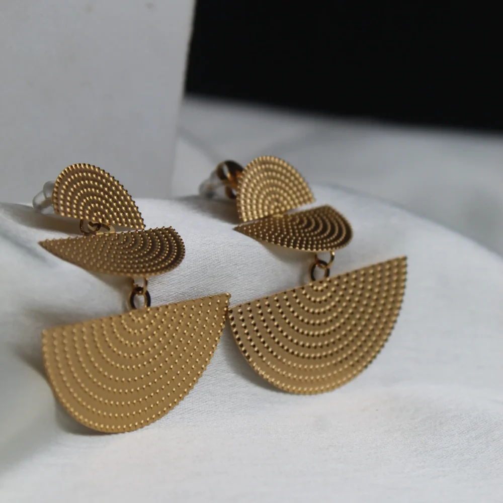Geometric Gold Plated Statement Earrings – Textured Semi-Circle Dangle
