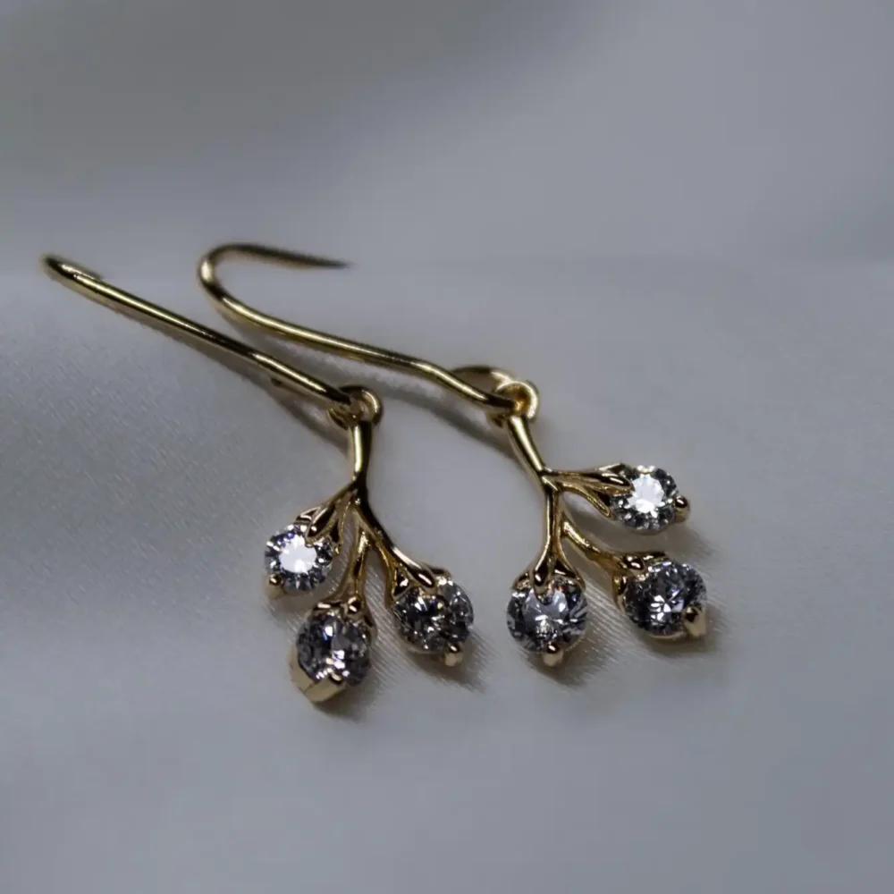 Gold Plated Branch Dangle Earrings with Zircon Buds