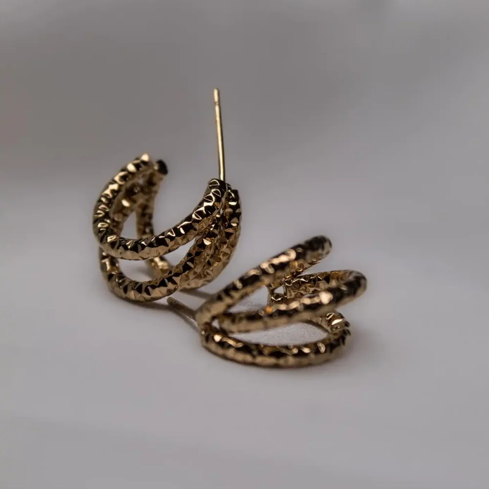 Textured Triple Hoop Earrings – Gold Plated Spiral Statement Studs
