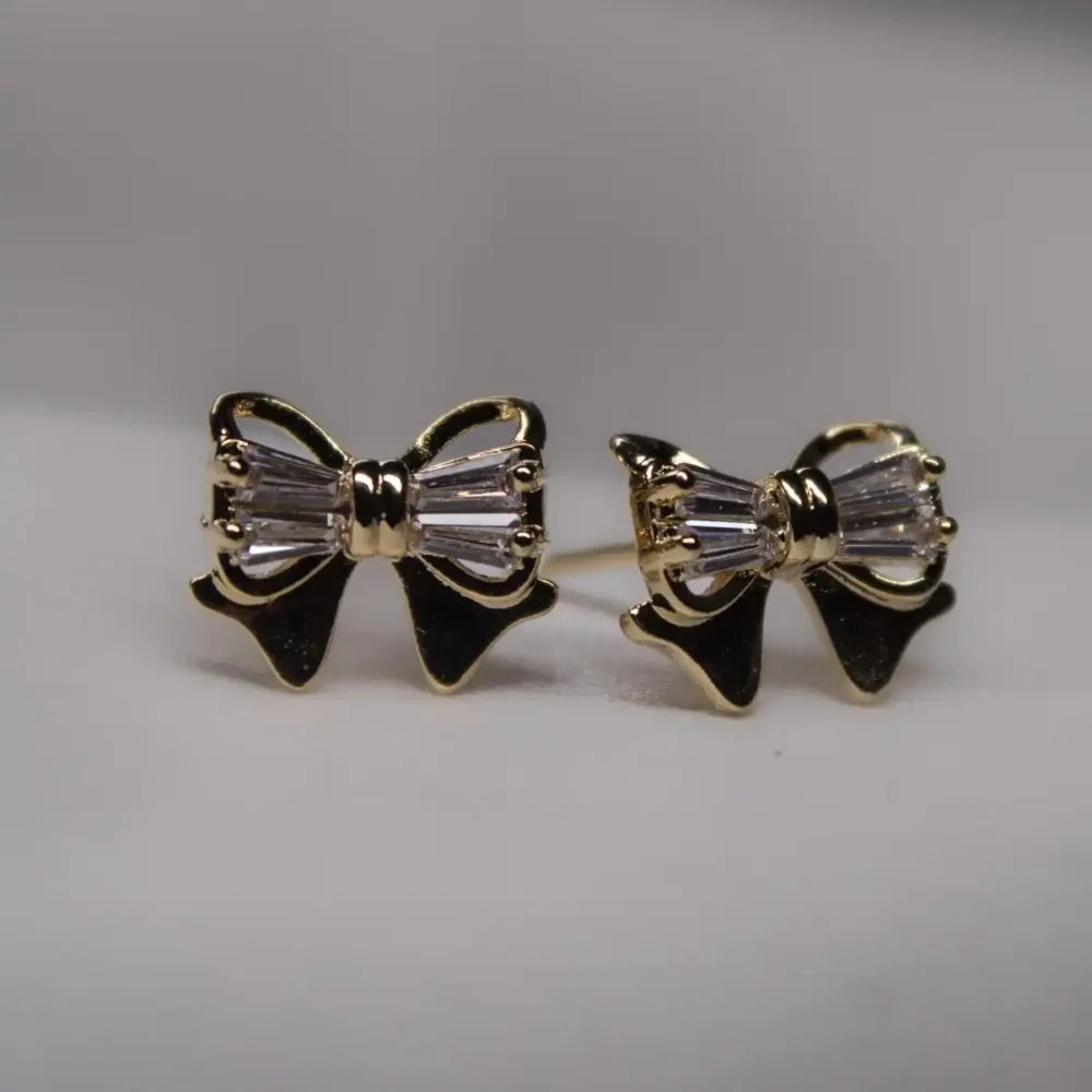 Gold Bow Knot Stud Earrings with Sparkling Zircon Accents