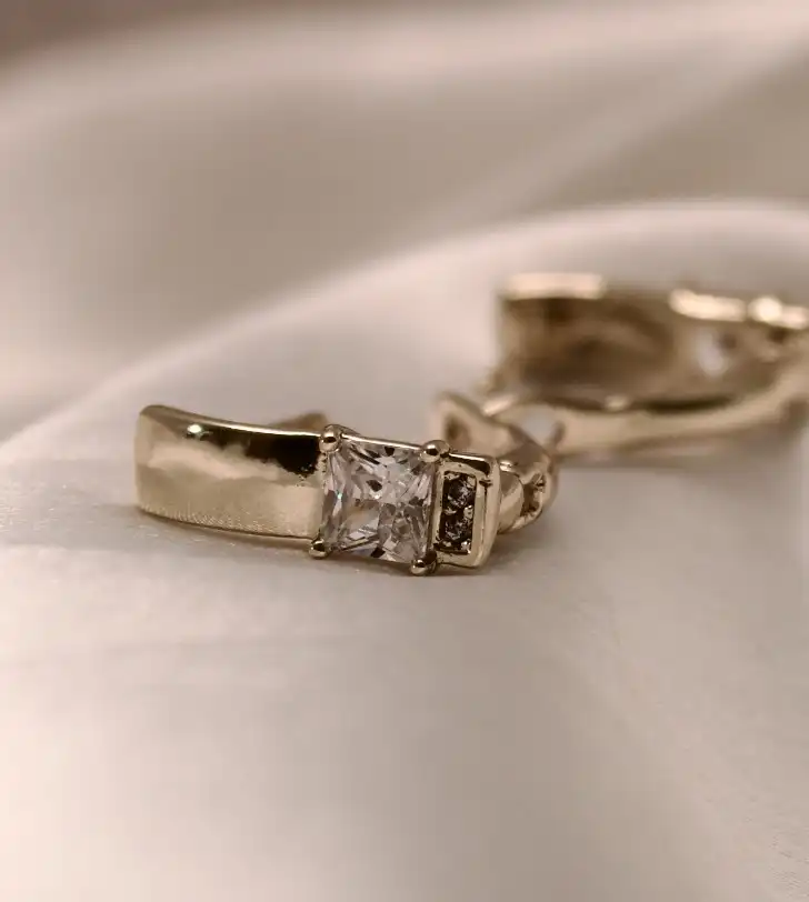 Gold Plated Classic Huggie Earrings with Square Cut Stone