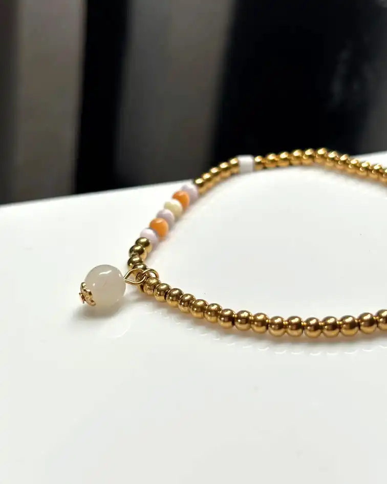 Golden Beaded Bracelet with Multi-Color Gemstone Accents