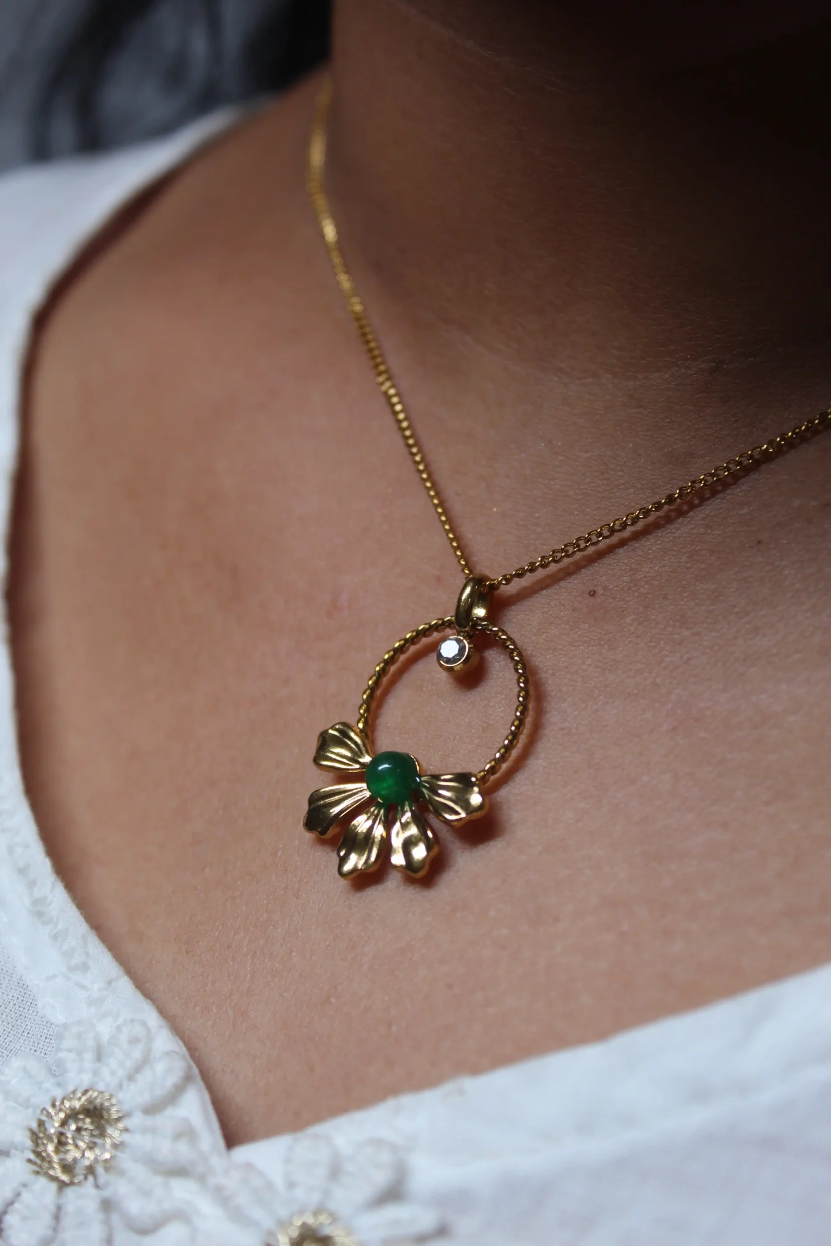 “Gold Emerald Flower Pendant Necklace”