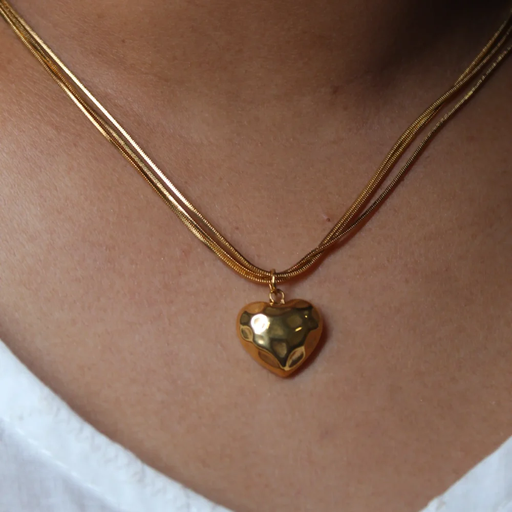 Gold Heart Pendant Necklace Three Layered Chain
