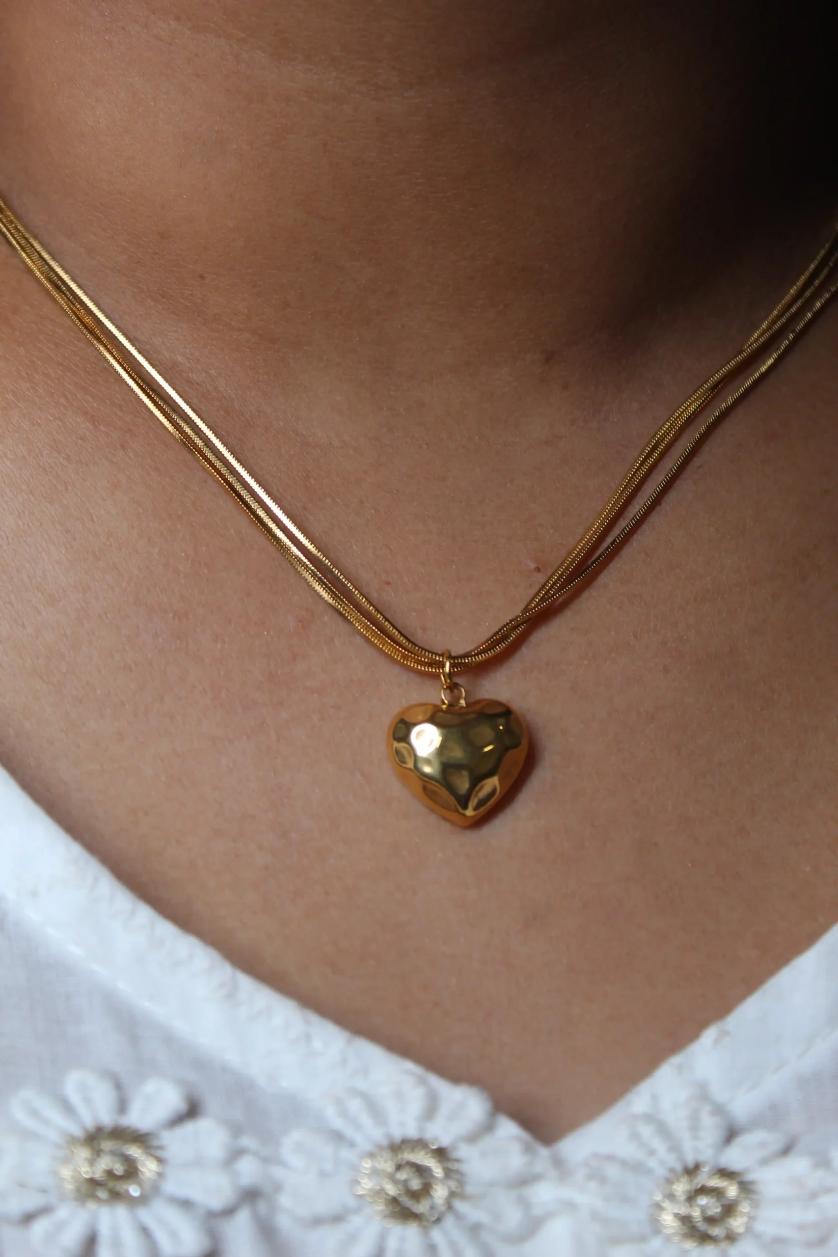Gold Heart Pendant Necklace Three Layered Chain