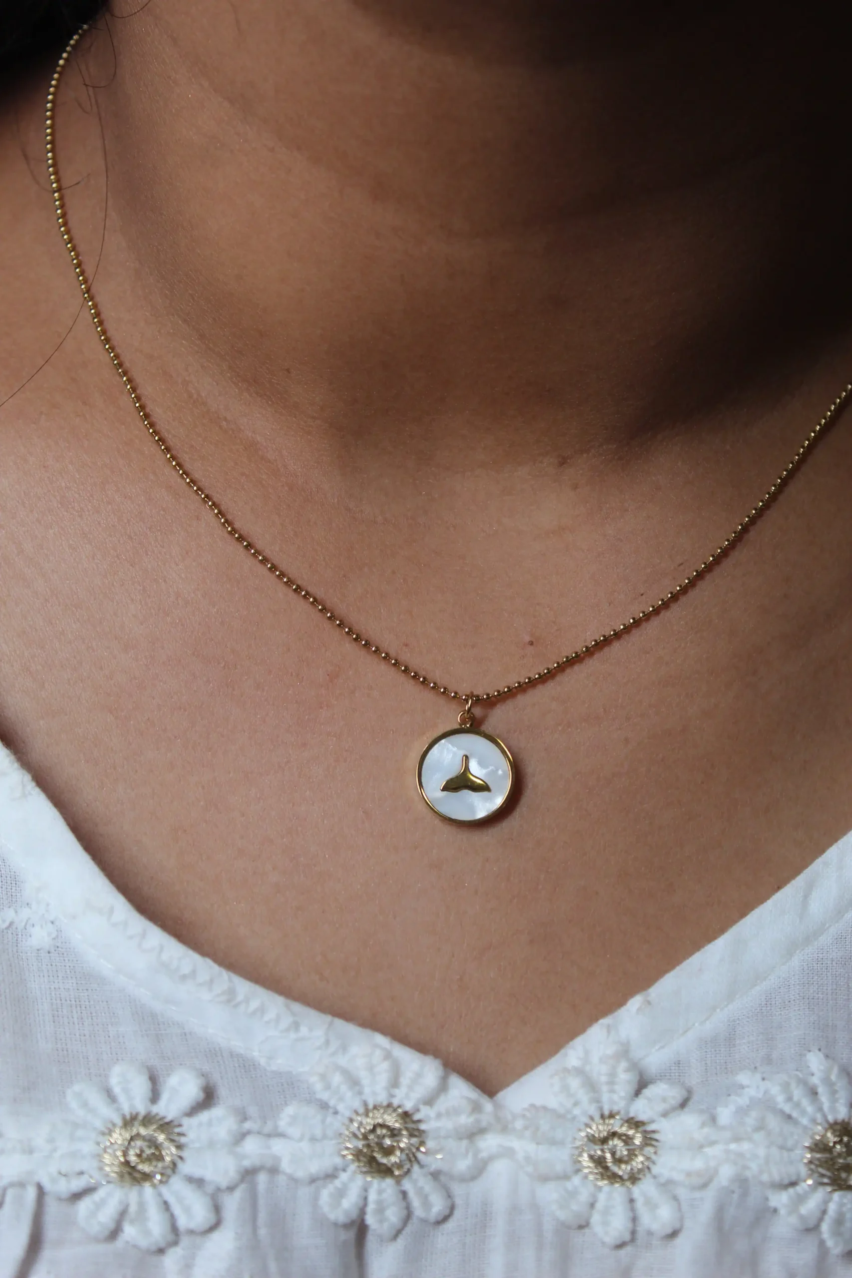 Gold Whale Pendant Necklace with Mother-of-Pearl