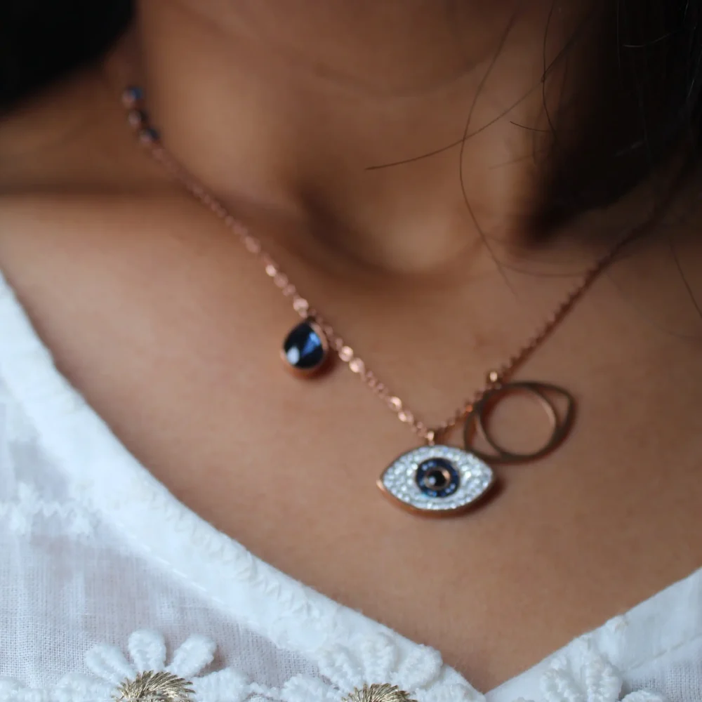 Rose Gold Evil Eye Pendant Necklace with Sapphire Drop