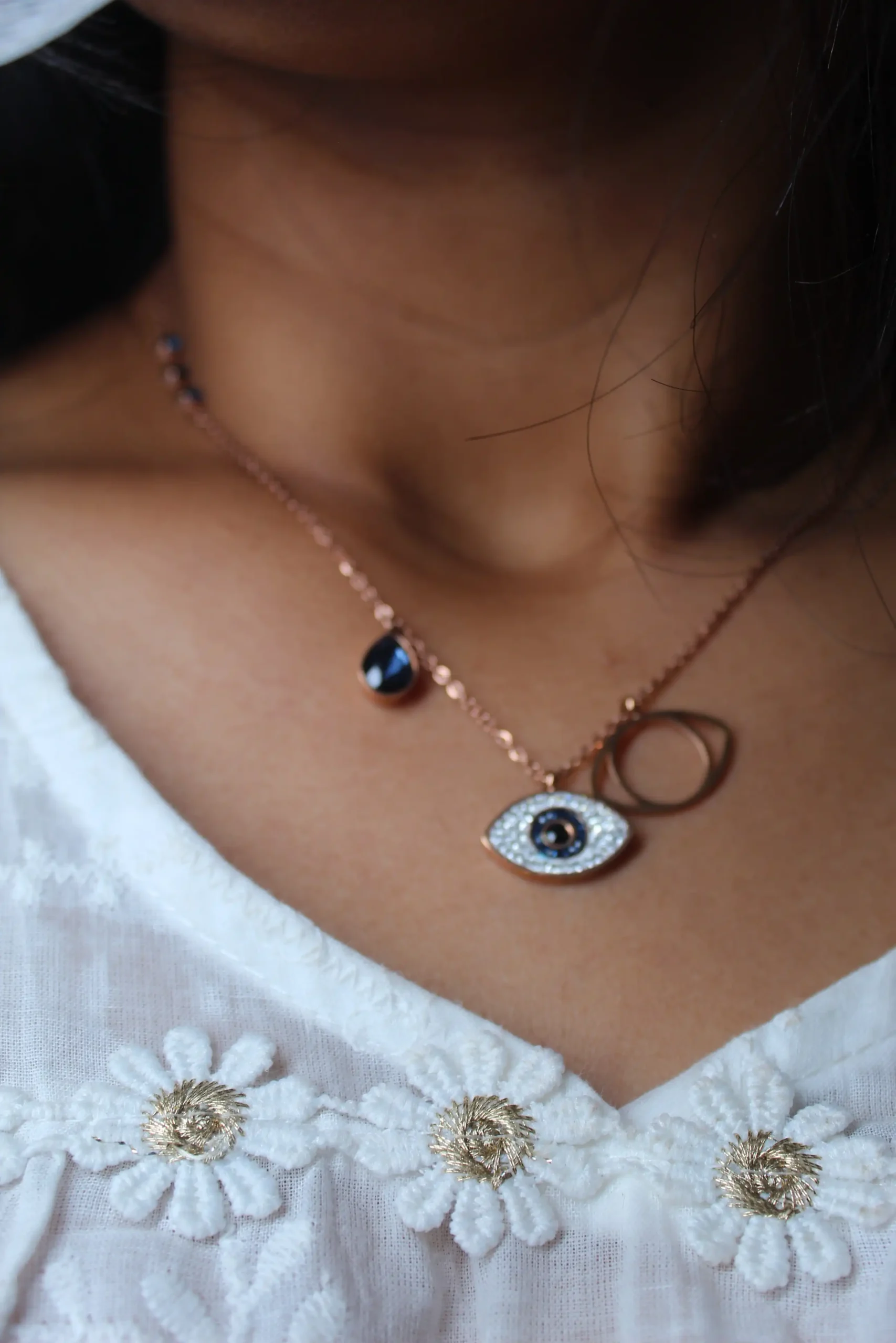Rose Gold Evil Eye Pendant Necklace with Sapphire Drop