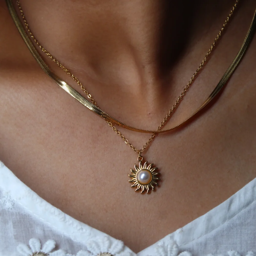 Gold Sunburst Pendant Necklace with Pearl Center