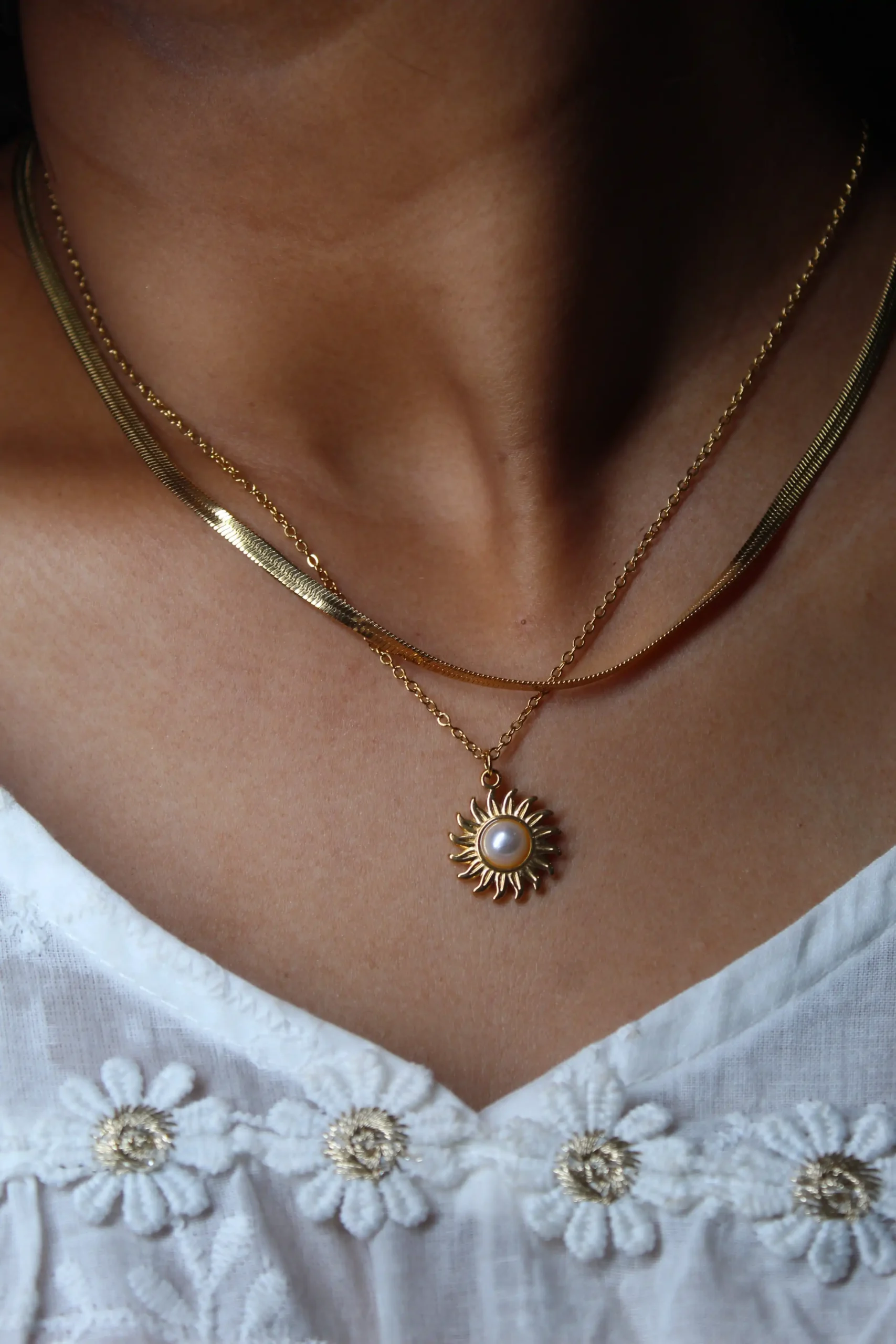 Gold Sunburst Pendant Necklace with Pearl Center