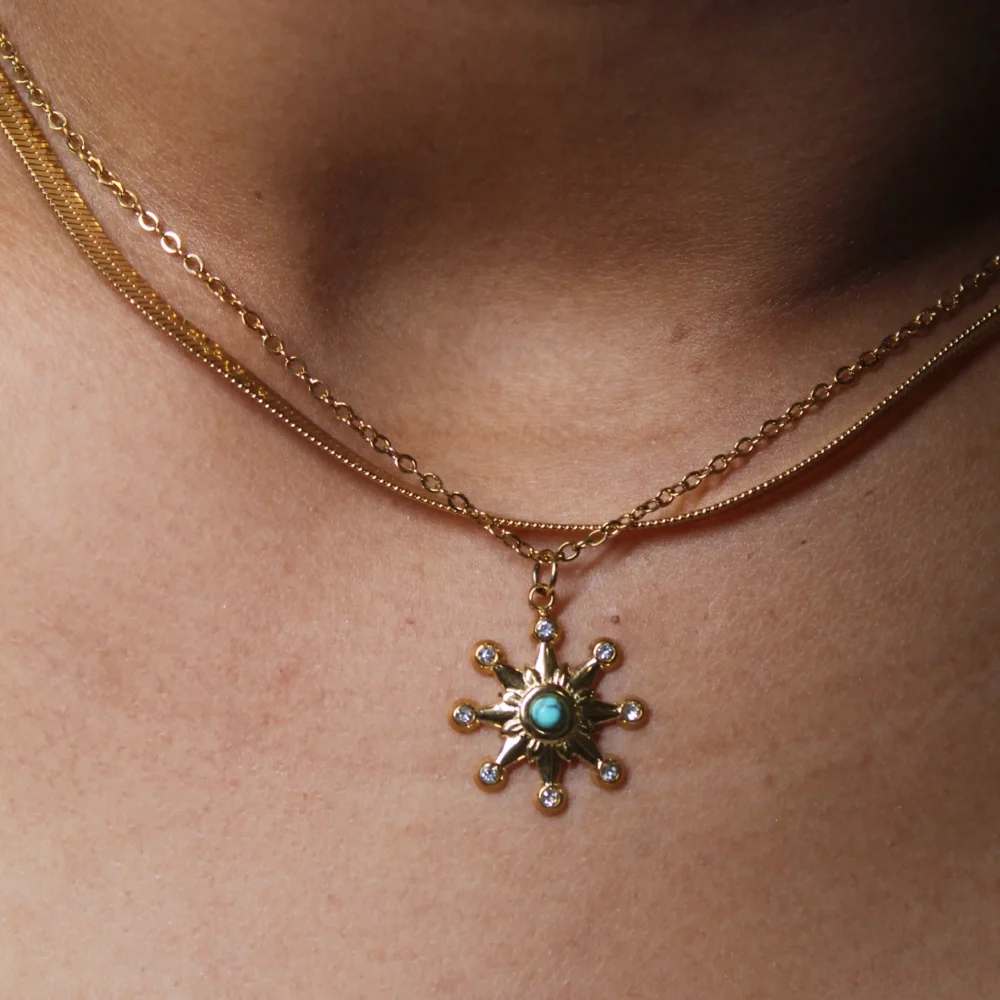 Gold Starburst Pendant Necklace with Turquoise and Zirconia