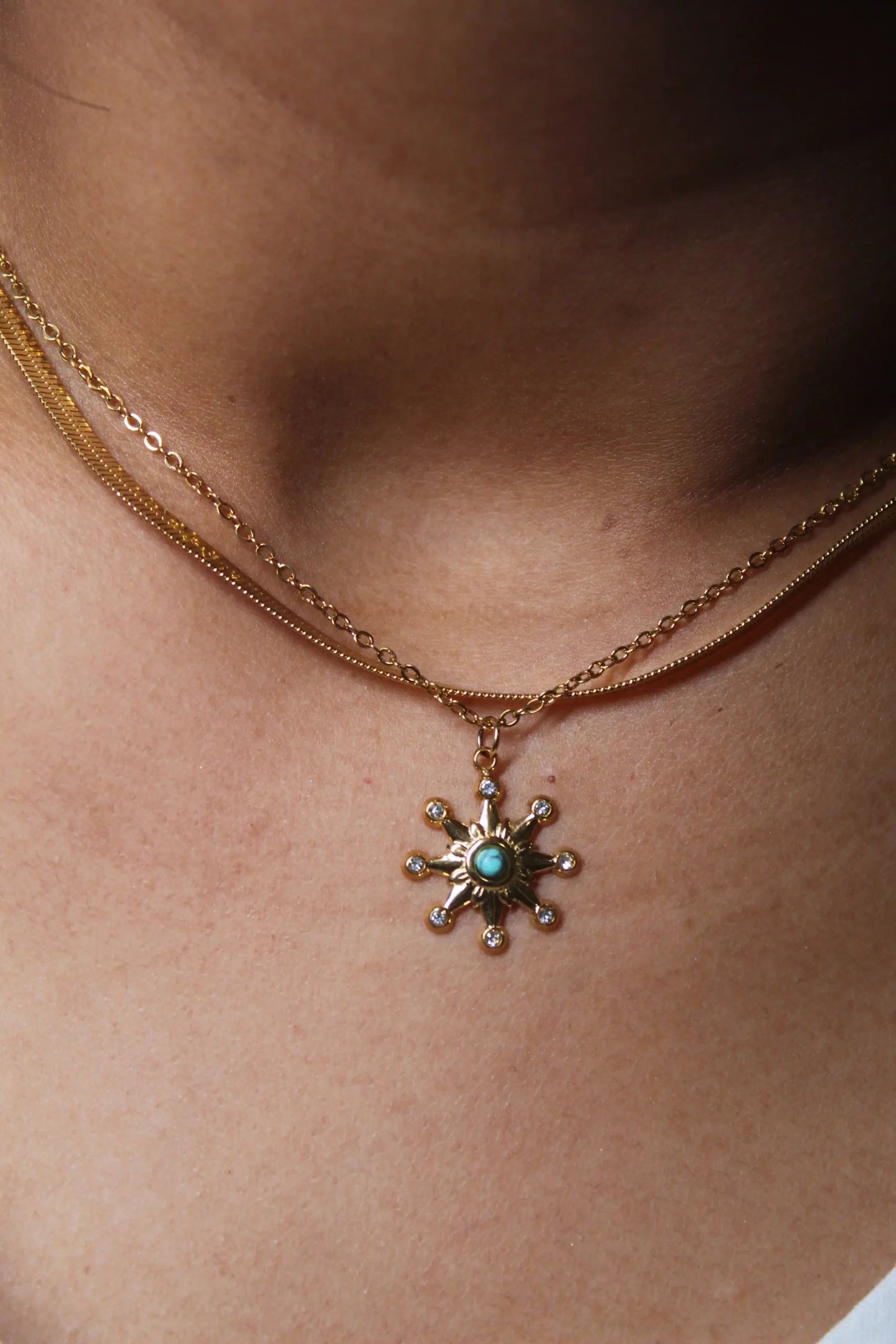 Gold Starburst Pendant Necklace with Turquoise and Zirconia