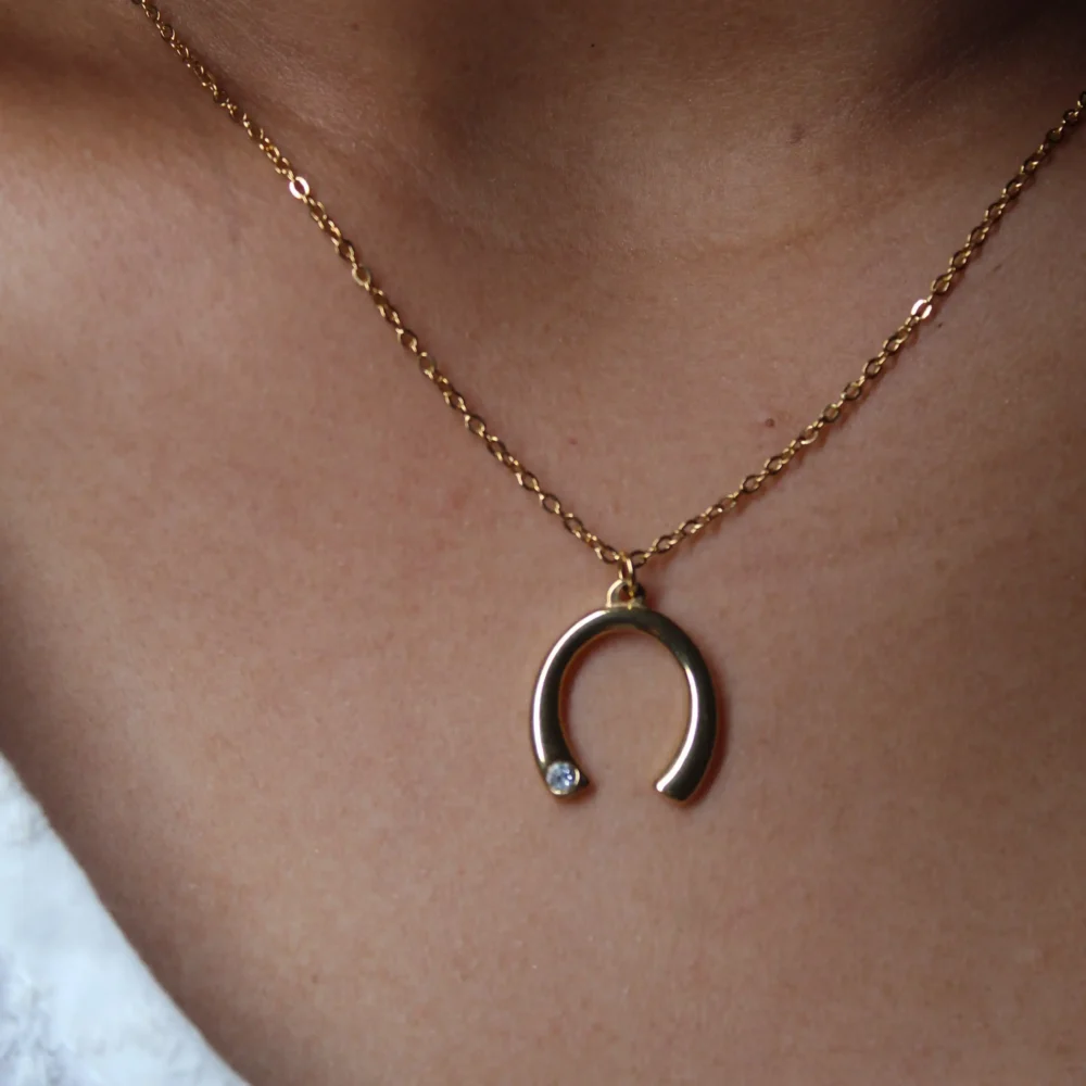 Gold Crescent Pendant Necklace with Zirconia Accent