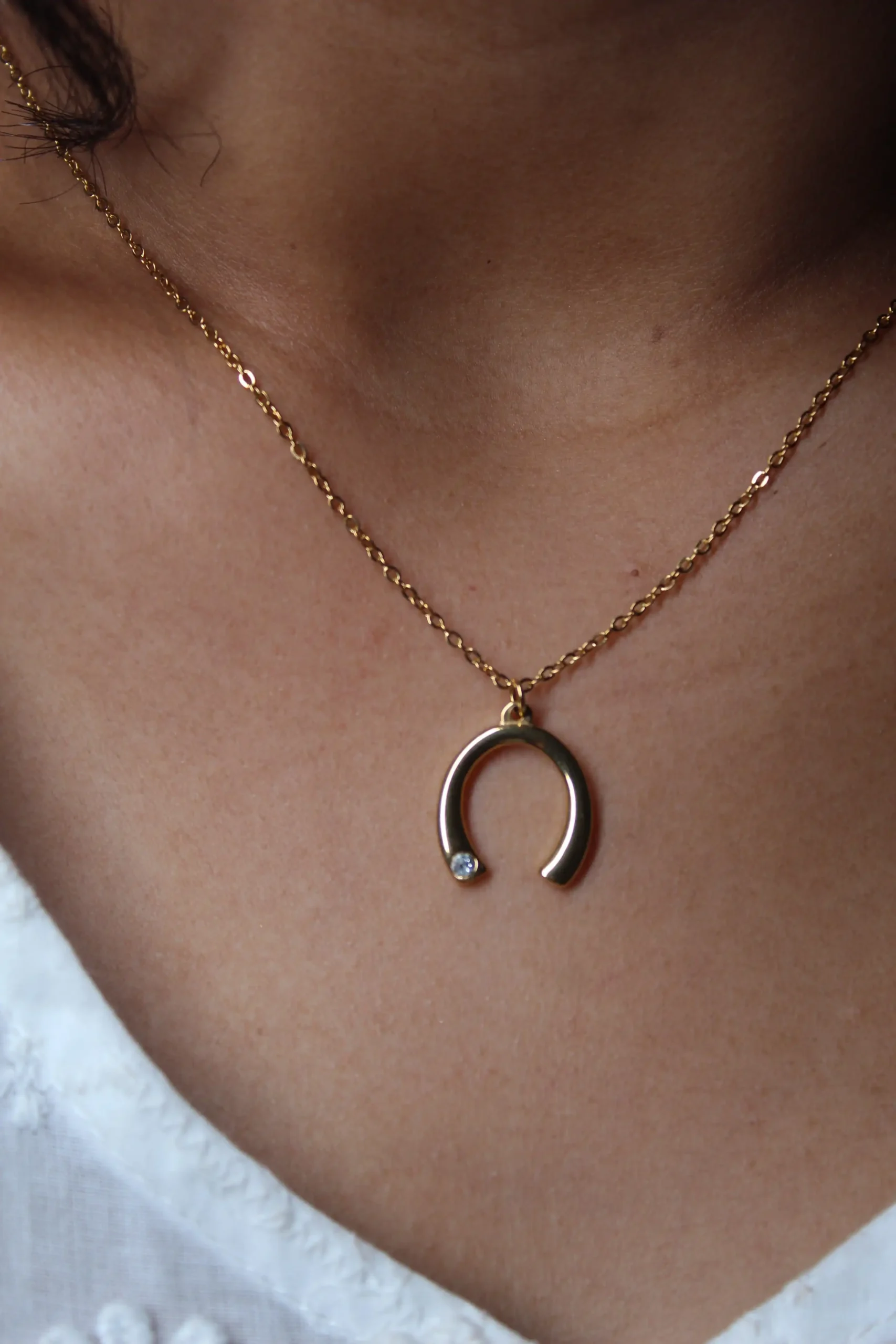 Gold Crescent Pendant Necklace with Zirconia Accent